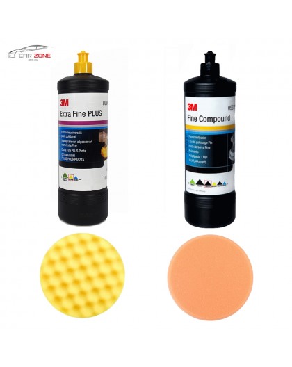 3M 80349 Extra Fine Plus + 3M 09375 Fine Compound (2 x 1litr) + 2x Pady polerskie 3M (150 mm)